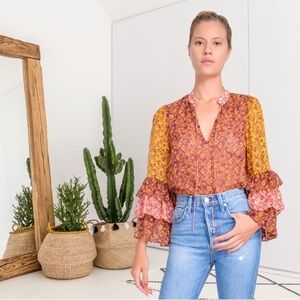 Alice + Olivia Multicolor Floral Ruffle Sleeve Blouse - Mustard, Rust, Pink